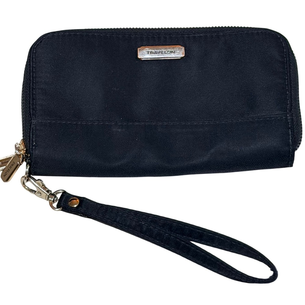 Travelon Wallet Wristlet Women Black Nylon RFID Travel Minimalist Zip Clutch